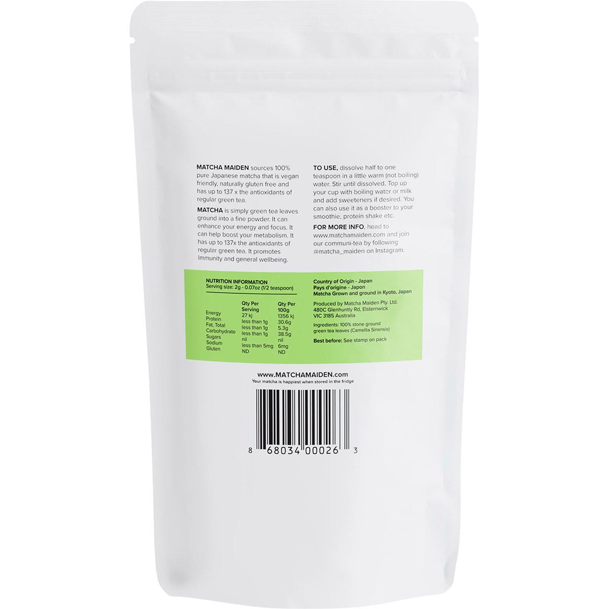 Back of a 28.35g Matcha Maiden Organic Matcha Powder pouch showing ingredients and directions on a white background.