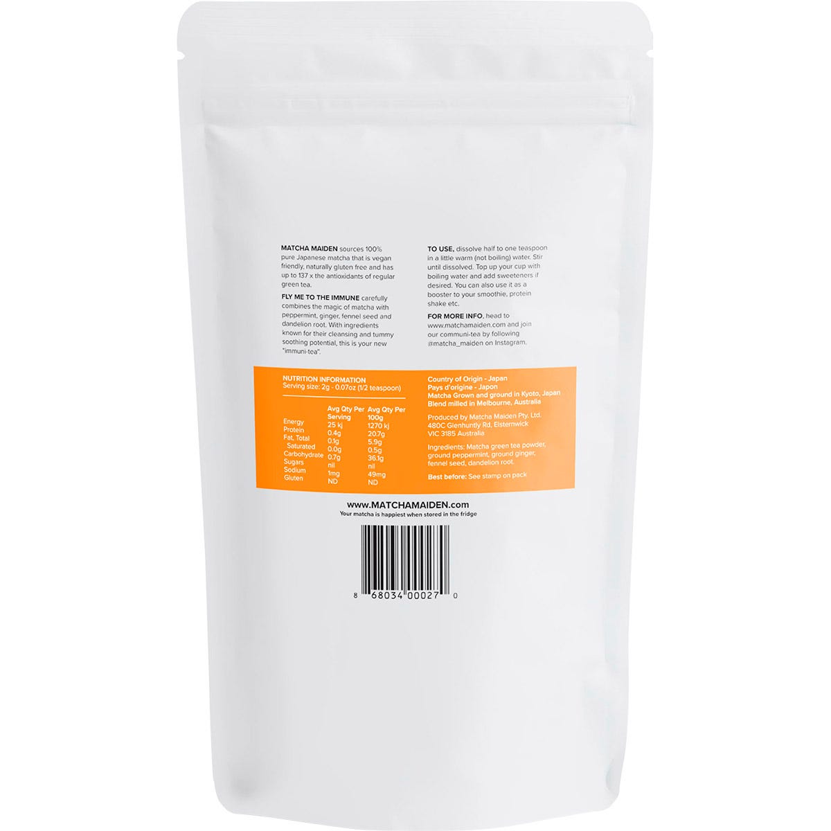 Back of a Matcha Maiden Immune Blend pouch showing ingredients, nutrition facts, and brewing instructions.