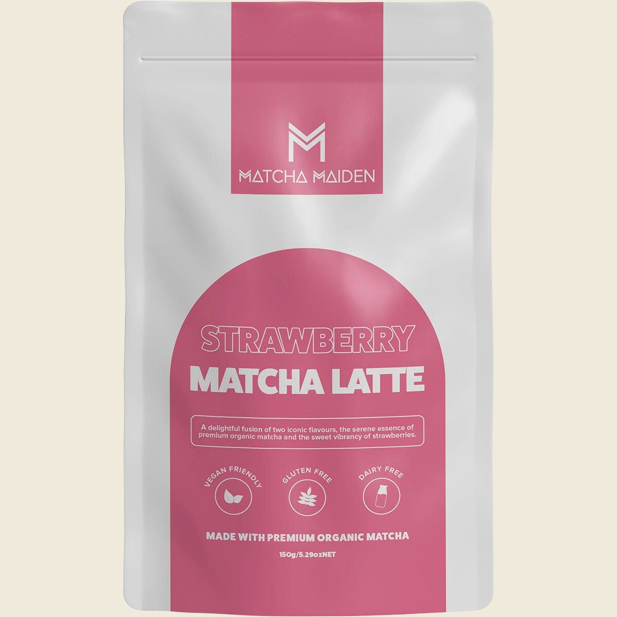 150g pouch of Matcha Maiden Strawberry Matcha Latte with organic matcha and freeze-dried strawberry.