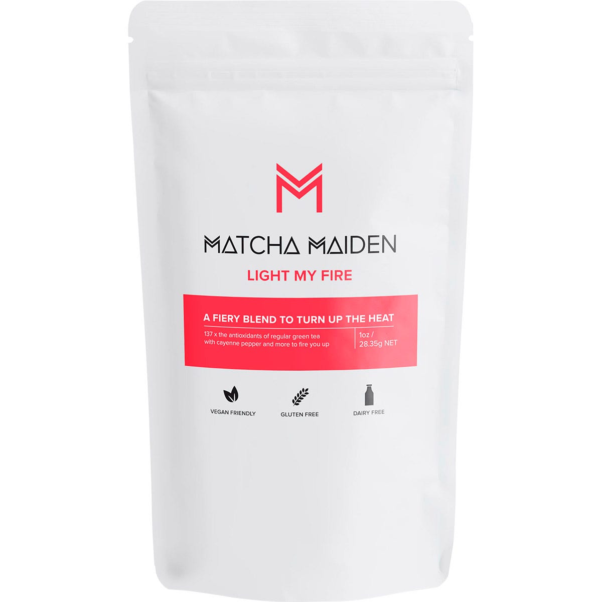 Matcha Maiden Matcha Fiery Mix Blend 28.35g pouch with a vibrant green and red label on a white background.