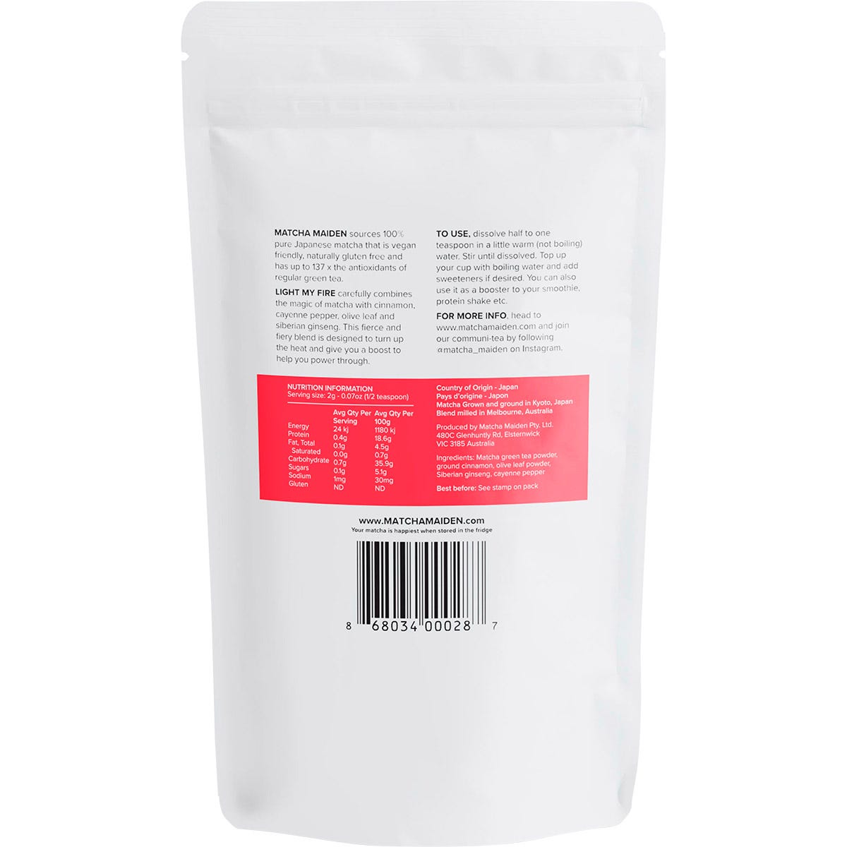 Back of Matcha Maiden Matcha Fiery Mix pouch showing ingredients and nutritional info on a white background.