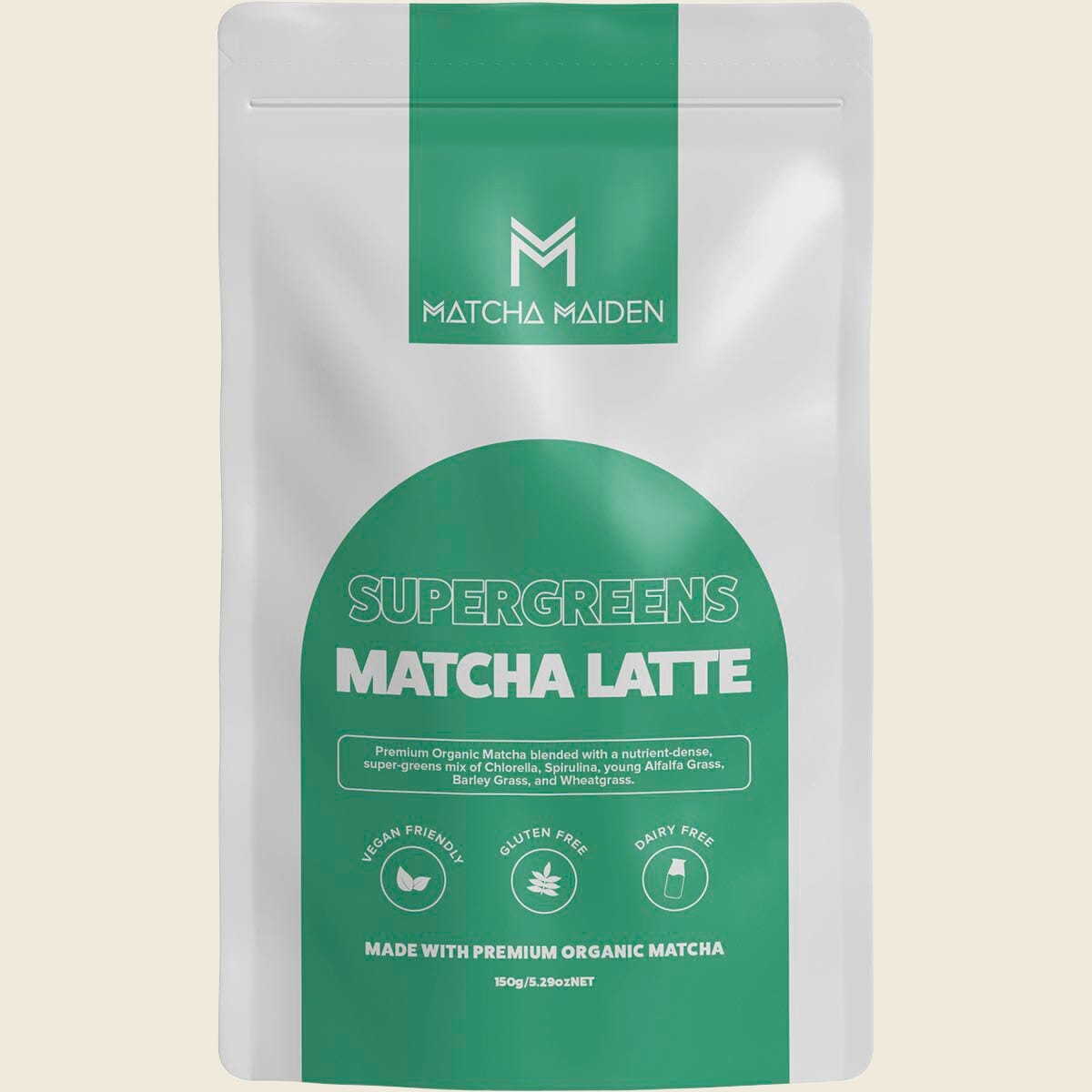 150g pouch of Matcha Maiden Supergreens Matcha Latte, a green powder blend with organic matcha and five super greens.