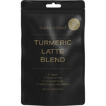 A 100g bag of Matcha Maiden Golden Grind Turmeric Latte Blend with ingredients like ginger and cinnamon.