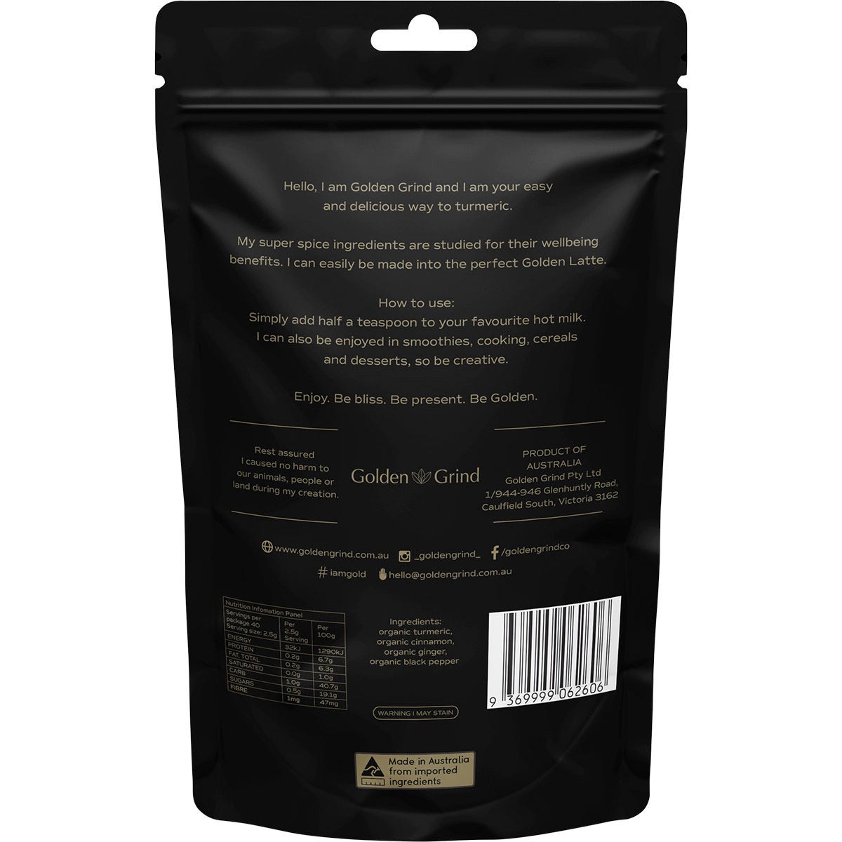 Back of Matcha Maiden Turmeric Latte Blend 100g bag showing organic ingredients, serving size, and nutritional info.