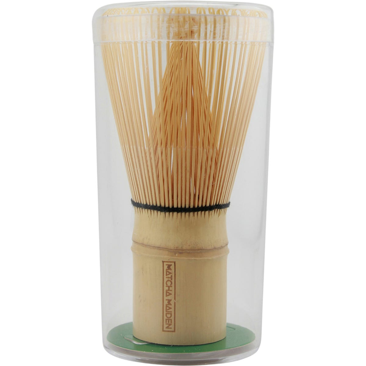 Traditional Japanese bamboo matcha whisk (chasen) with fine tines, used for frothing matcha tea.