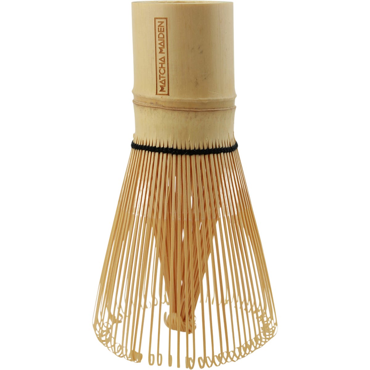 Matcha Maiden bamboo matcha whisk shown from the back in its clear plastic cylindrical packaging.