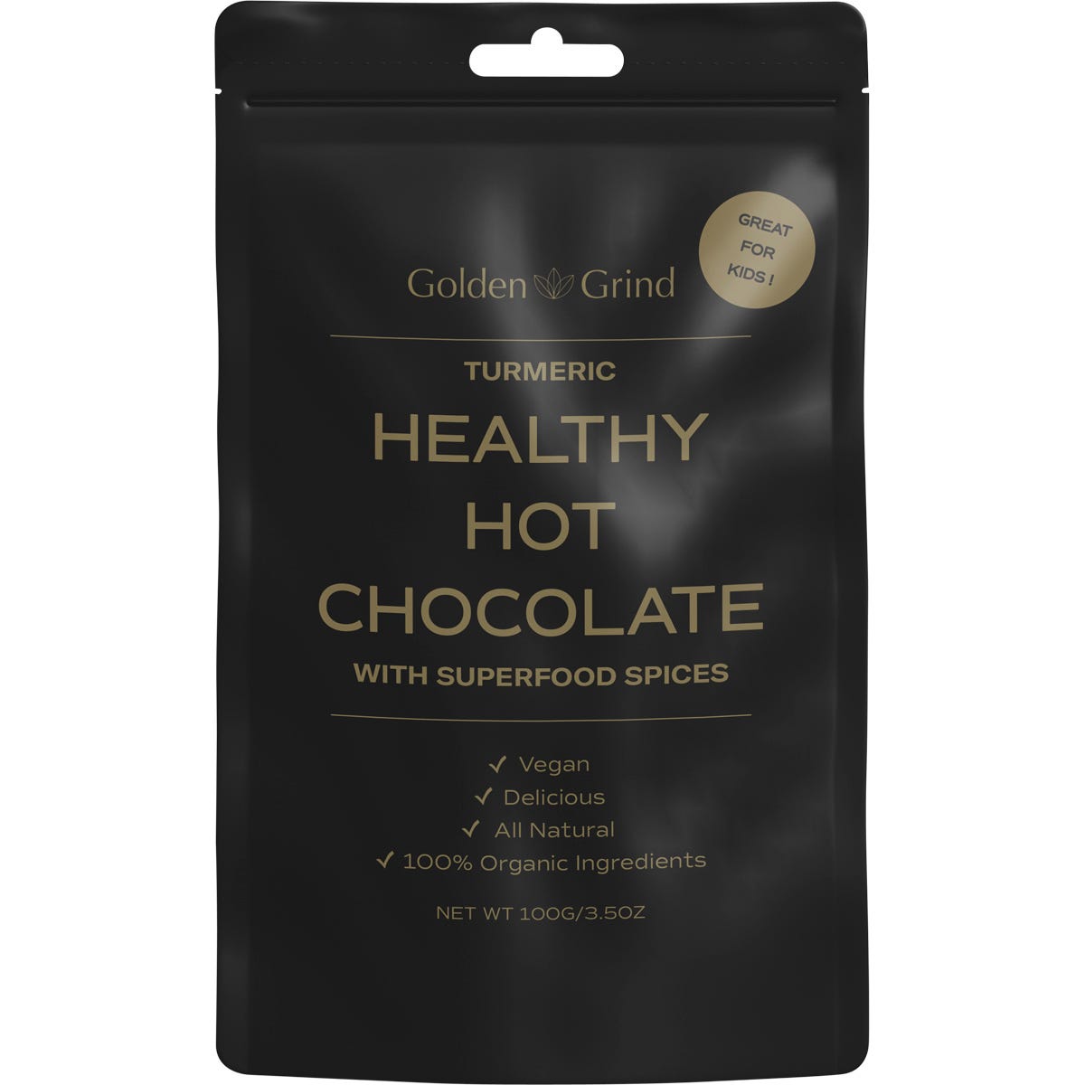 Matcha Maiden Golden Grind 100g tub of Turmeric Hot Chocolate blend with organic cacao and cinnamon on a white background.