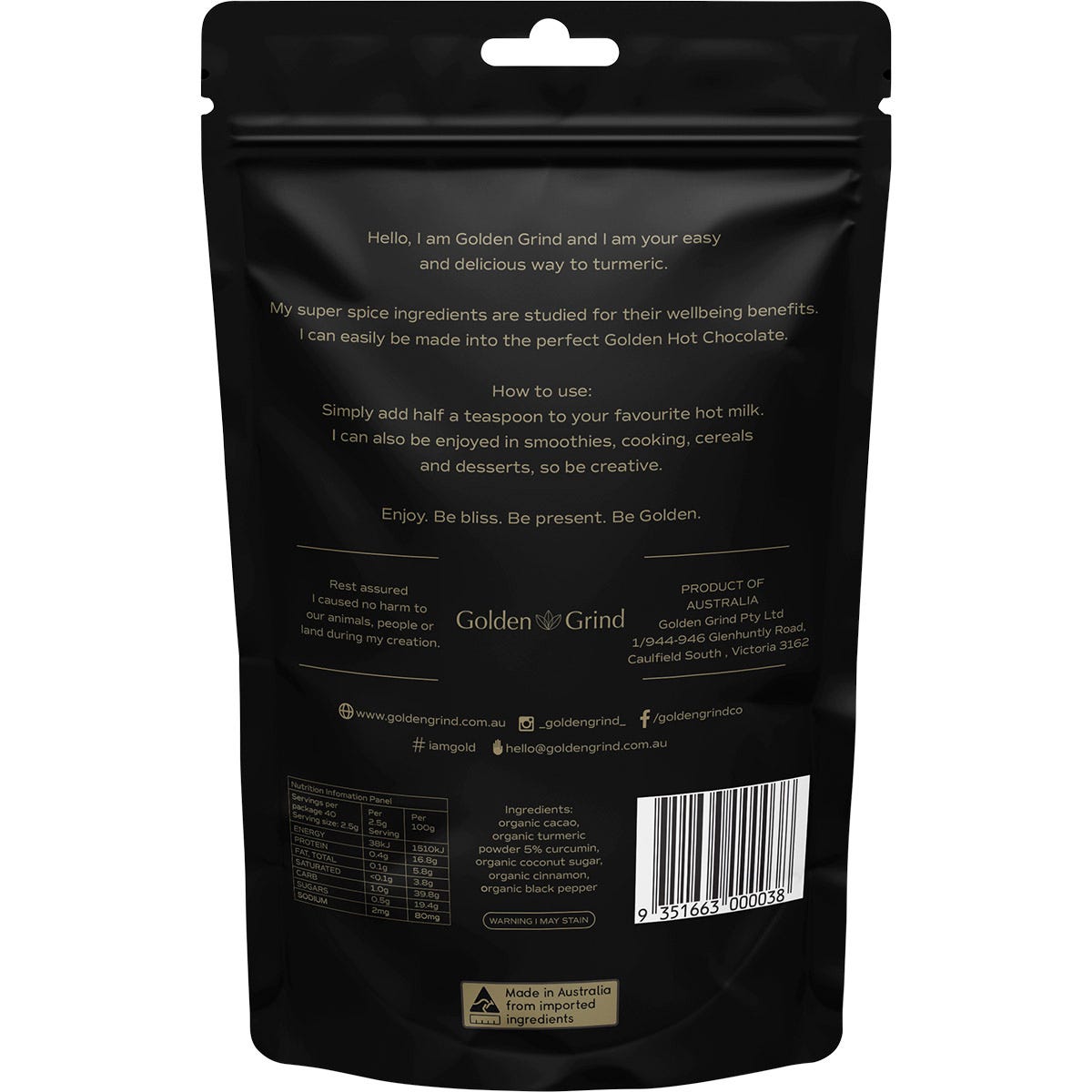 Back of Matcha Maiden Golden Grind 100g tub showing ingredients and nutritional information on a white background.