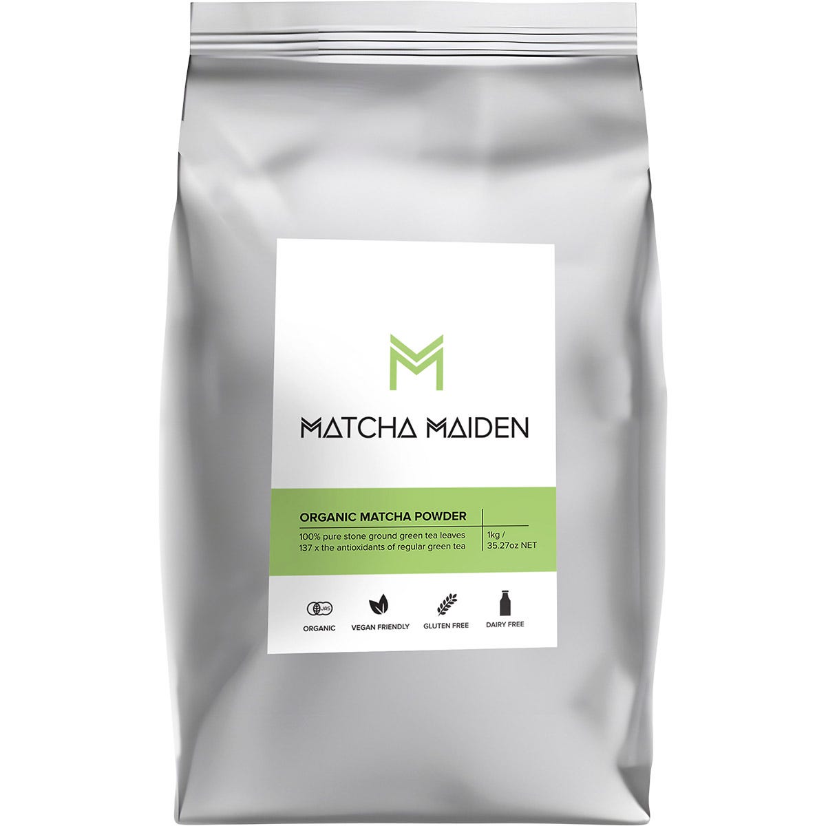 1kg bag of Matcha Maiden Organic Matcha Powder, featuring a bright green tea leaf design on a white resealable pouch.