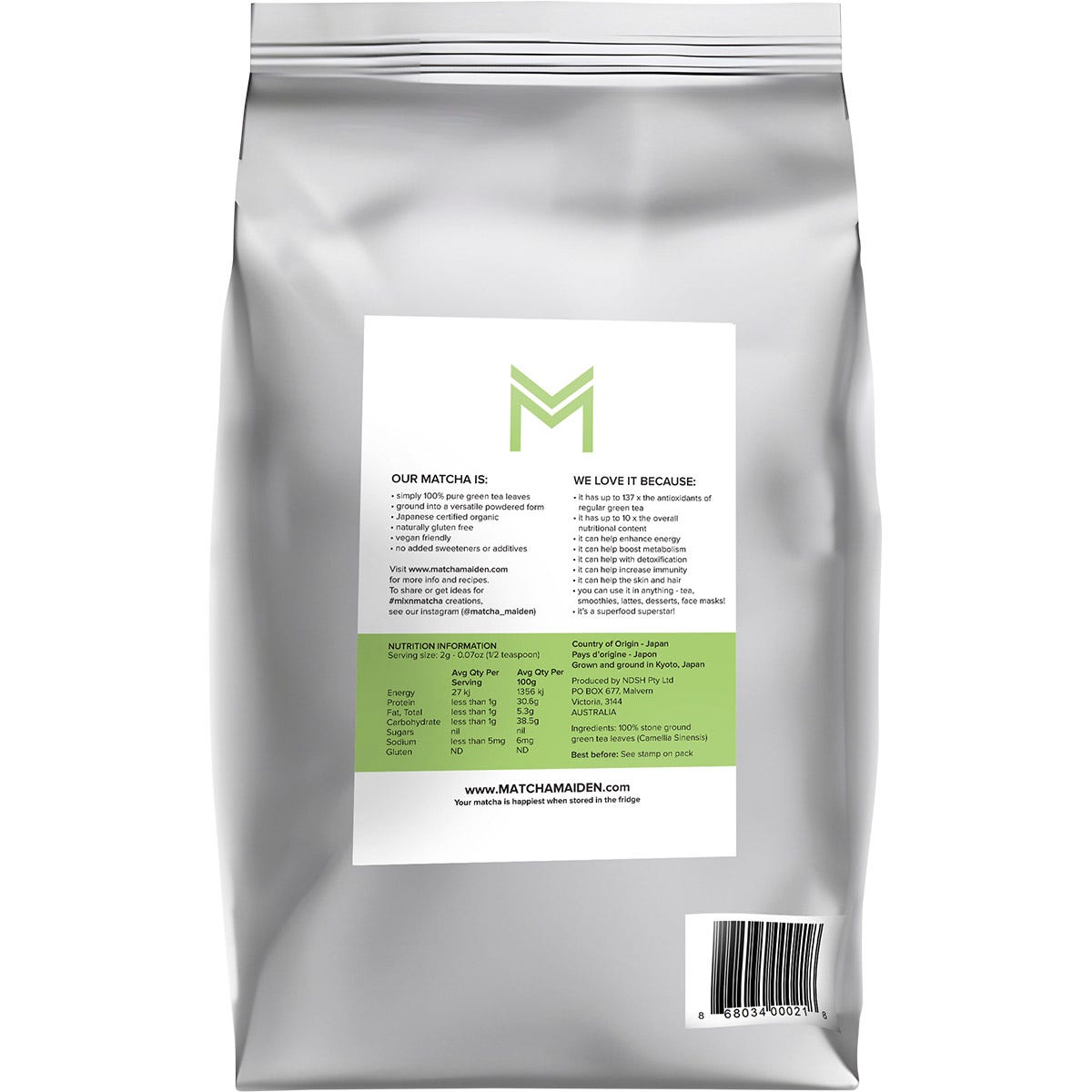 Back of a 1kg Matcha Maiden Organic Matcha Powder pouch showing nutritional information and preparation instructions.