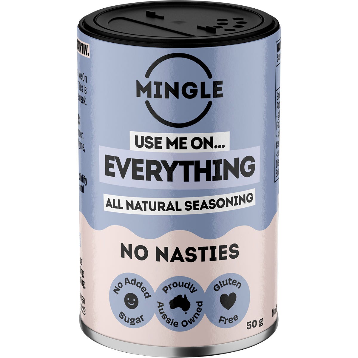 Five 50g shaker bottles of Mingle Use Me On Everything All Natural Seasoning on a white background.