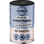 Five 50g shaker bottles of Mingle Use Me On Everything All Natural Seasoning on a white background.