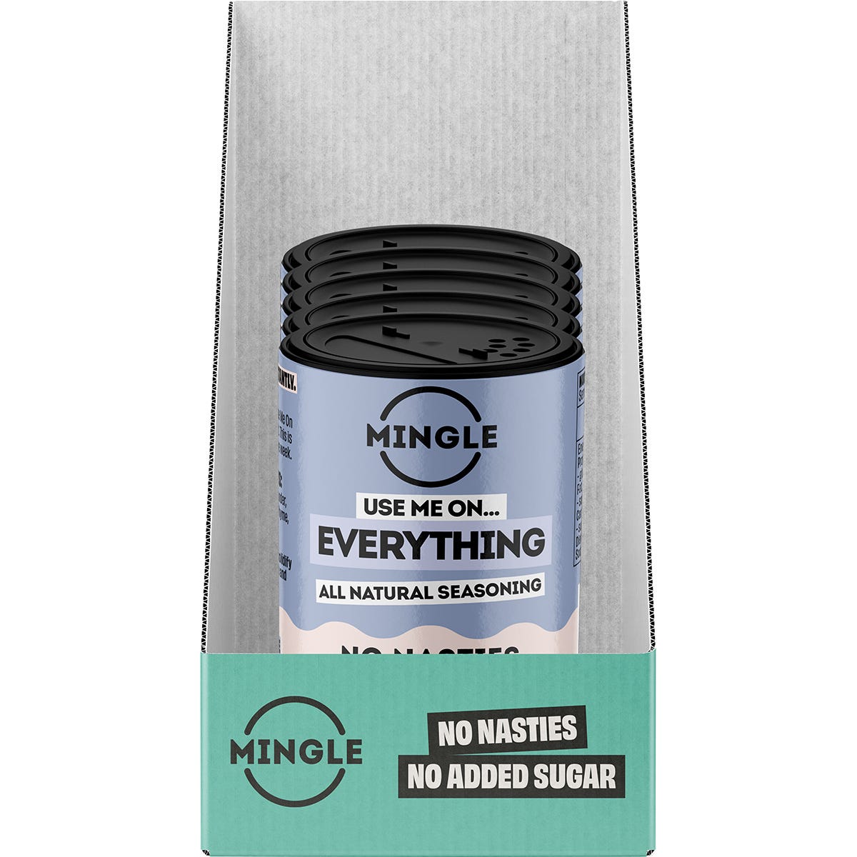 Retail display box with five 50g shakers of Mingle Use Me On Everything All Natural Seasoning on a white background.