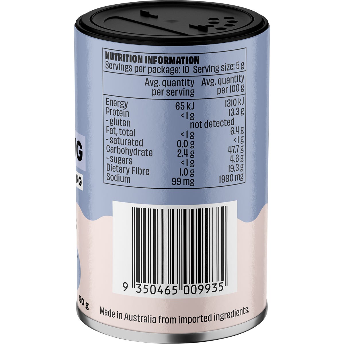 Right side of Mingle Use Me On Everything Seasoning shaker showing ingredients and nutritional information.