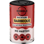 Five 50g bottles of Mingle Backyard Barbecue All Natural Seasoning in a row on a white background.