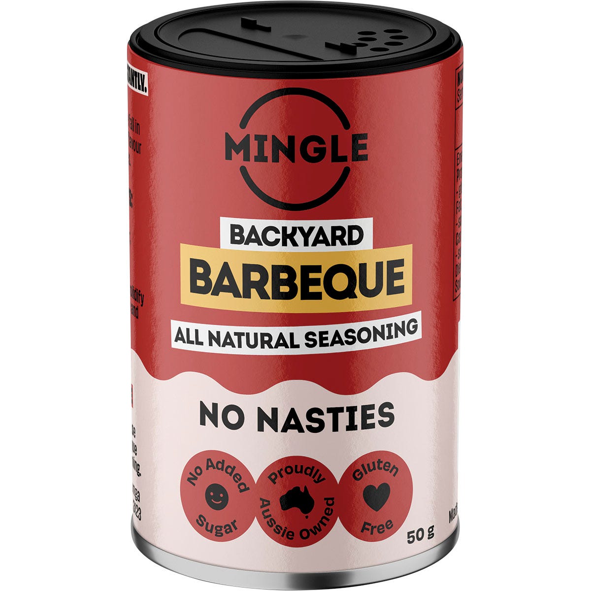 Five 50g bottles of Mingle Backyard Barbecue All Natural Seasoning in a row on a white background.