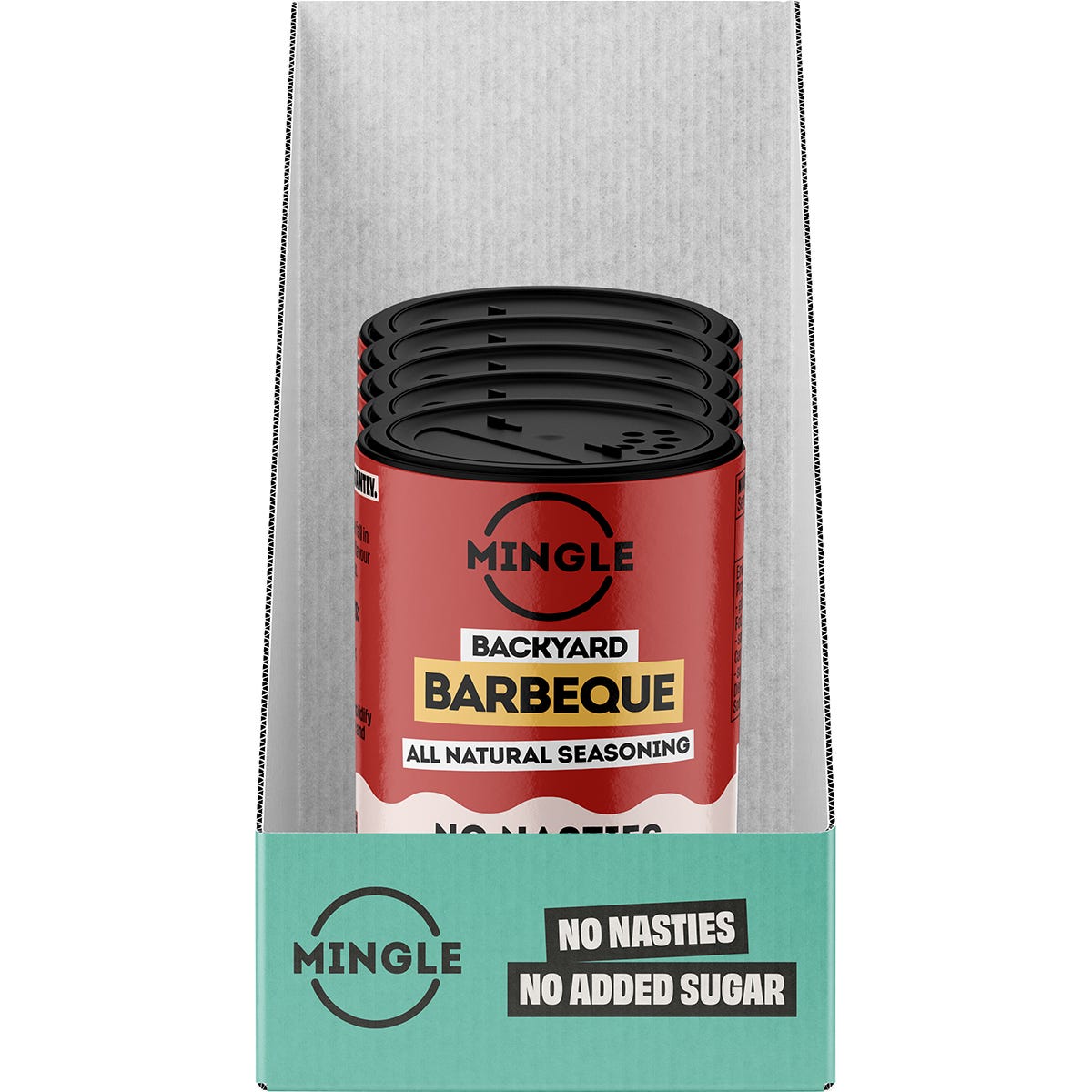 Five 50g bottles of Mingle Backyard Barbecue Seasoning in a retail display box on a white background.