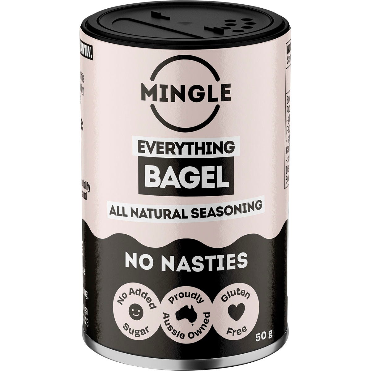 50g jar of Mingle Everything Bagel Seasoning with sesame seeds, garlic, and sea salt on a white background.