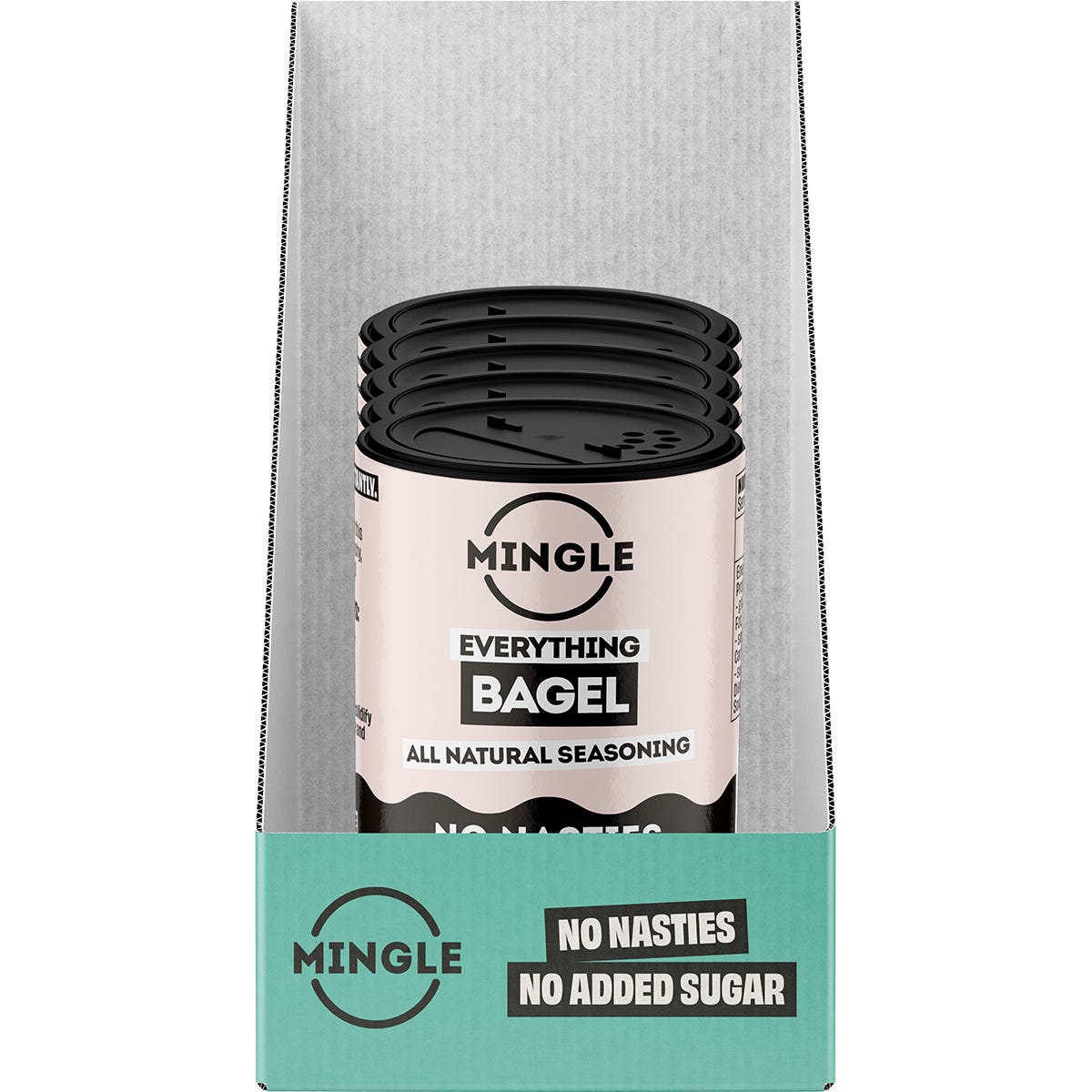 Retail display box of Mingle Everything Bagel Seasoning with five 50g jars on a white background.