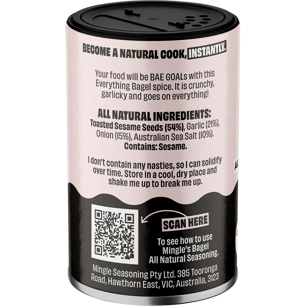 Mingle Everything Bagel Seasoning 50g jar shown from the left side, featuring nutritional and ingredient information.