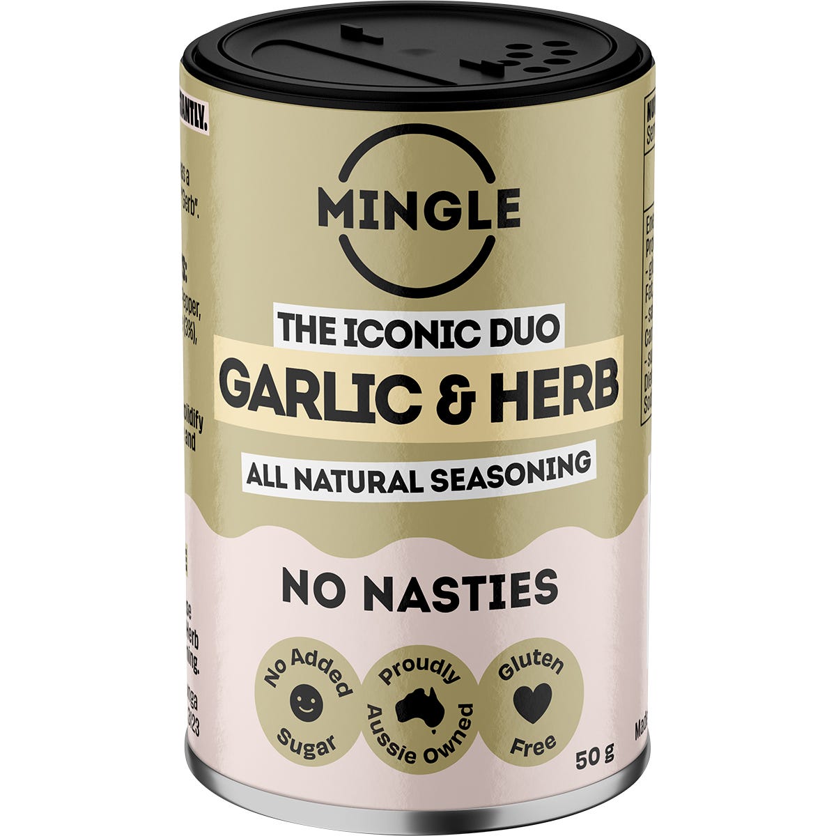 Five 50g bottles of Mingle Garlic and Herb All Natural Seasoning displayed against a white background.