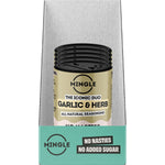Retail display box of Mingle Garlic and Herb All Natural Seasoning with five 50g shaker bottles.