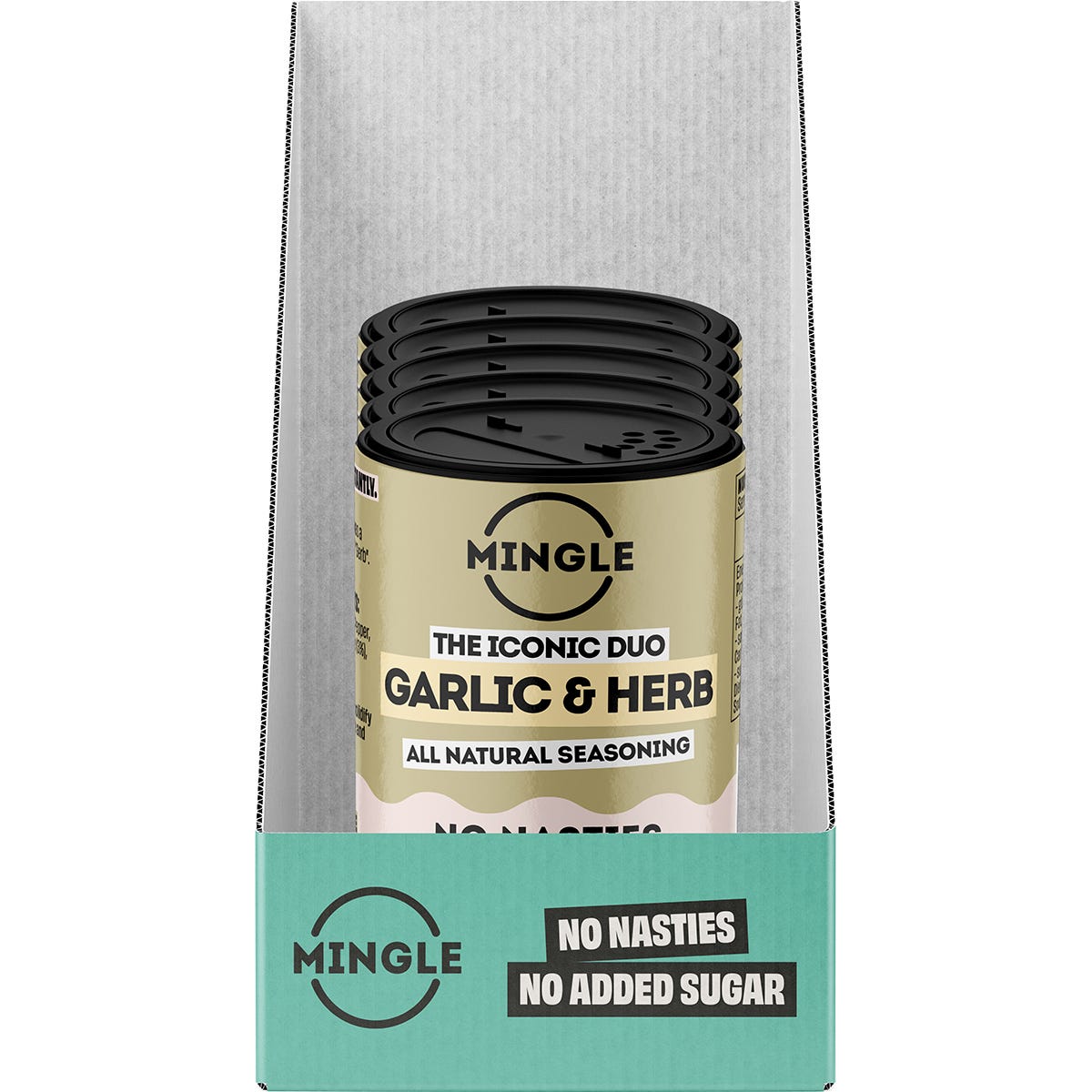 Retail display box of Mingle Garlic and Herb All Natural Seasoning with five 50g shaker bottles.
