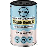 Five 45g shakers of Mingle Greek Garlic All Natural Seasoning with mint and sumac on a white background.