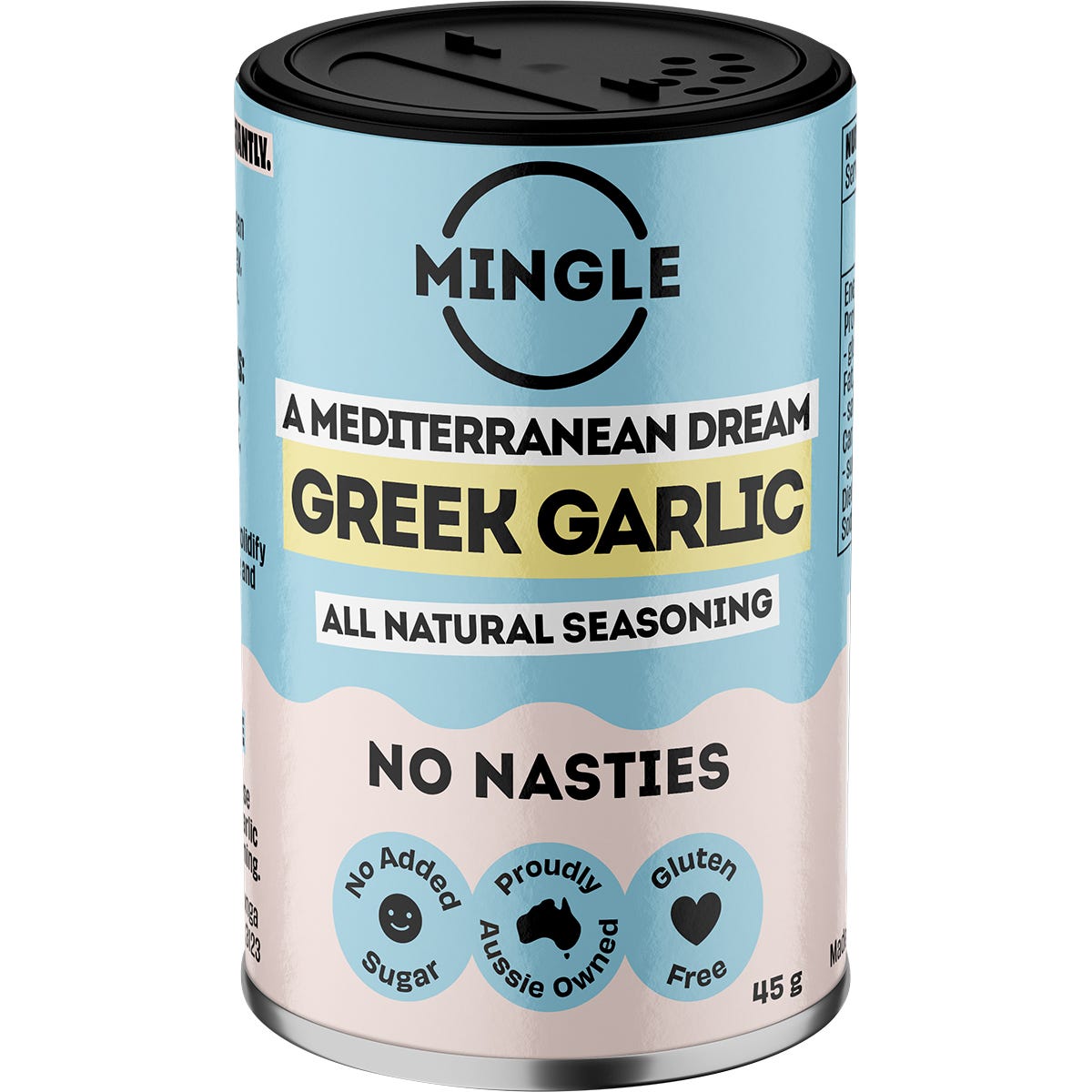 Five 45g shakers of Mingle Greek Garlic All Natural Seasoning with mint and sumac on a white background.