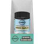 Retail display box of Mingle Greek Garlic All Natural Seasoning with multiple 45g shakers on a white background.