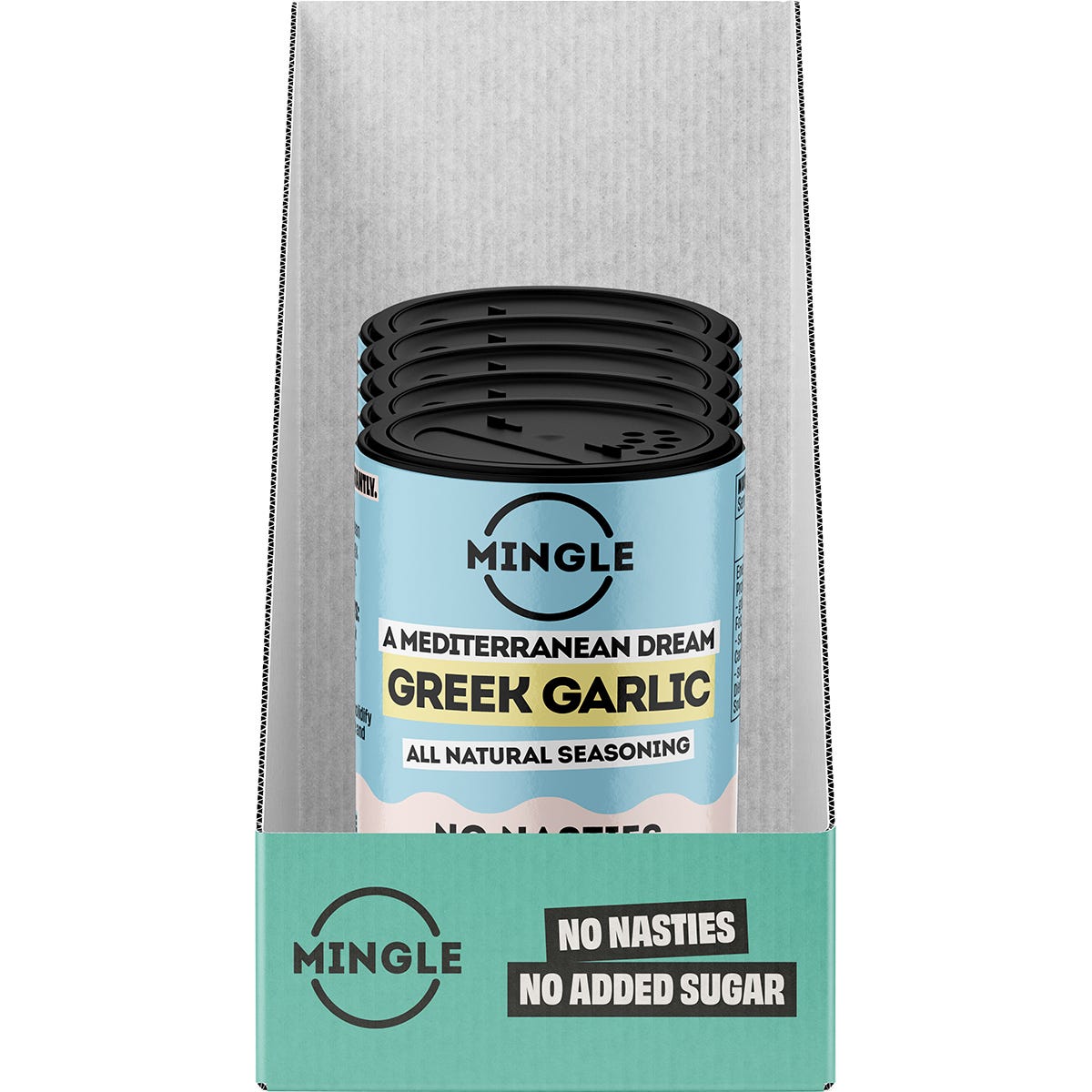 Retail display box of Mingle Greek Garlic All Natural Seasoning with multiple 45g shakers on a white background.