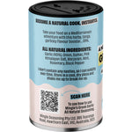 Mingle Greek Garlic All Natural Seasoning shaker shown from the side with ingredients and nutritional information.