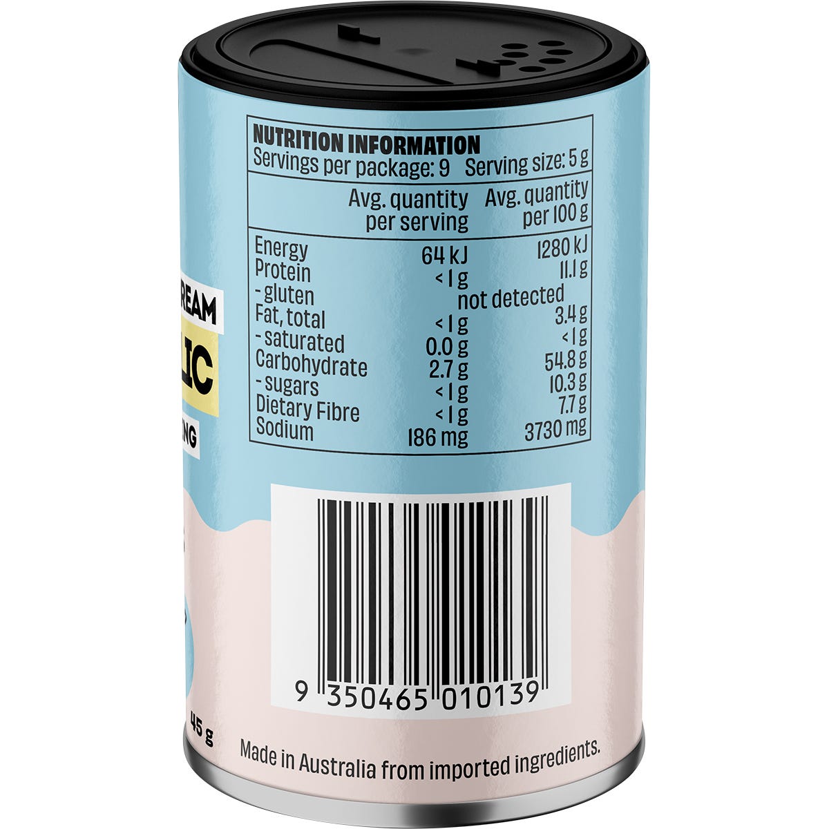 Right side of Mingle Greek Garlic Seasoning shaker showing product benefits, barcode, and "All Natural" label.