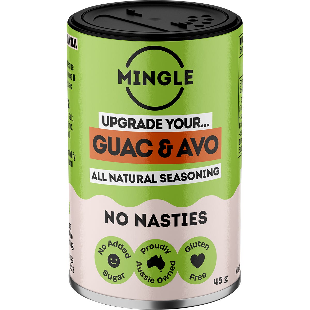 Five 45g shaker bottles of Mingle Guac and Avo all-natural seasoning with green and white labels on a white background.