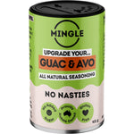 Five 45g shaker bottles of Mingle Guac and Avo all-natural seasoning with green and white labels on a white background.
