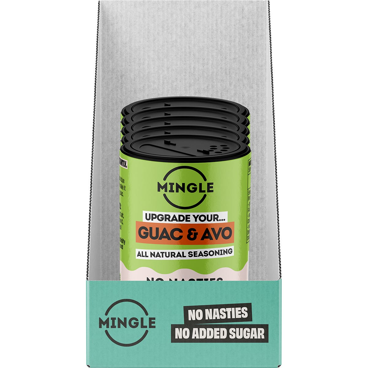 Retail display box of Mingle Guac and Avo all-natural seasoning with individual 45g shaker bottles on a white background.