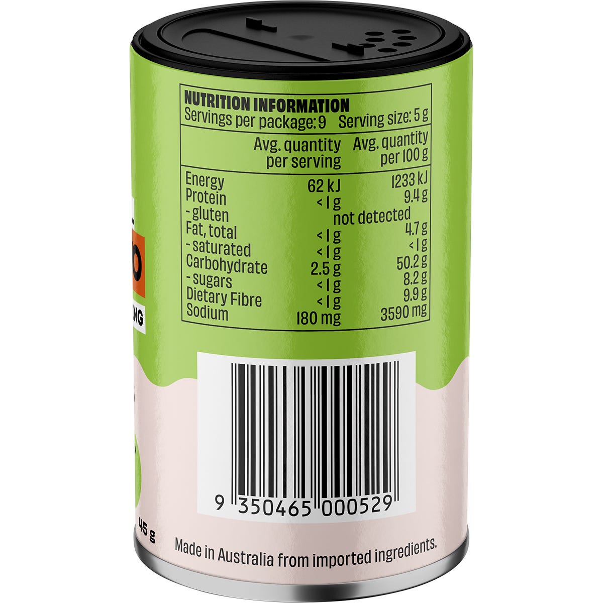 Right side of Mingle Guac and Avo seasoning shaker showing ingredients and Australian-made logo on a white background.