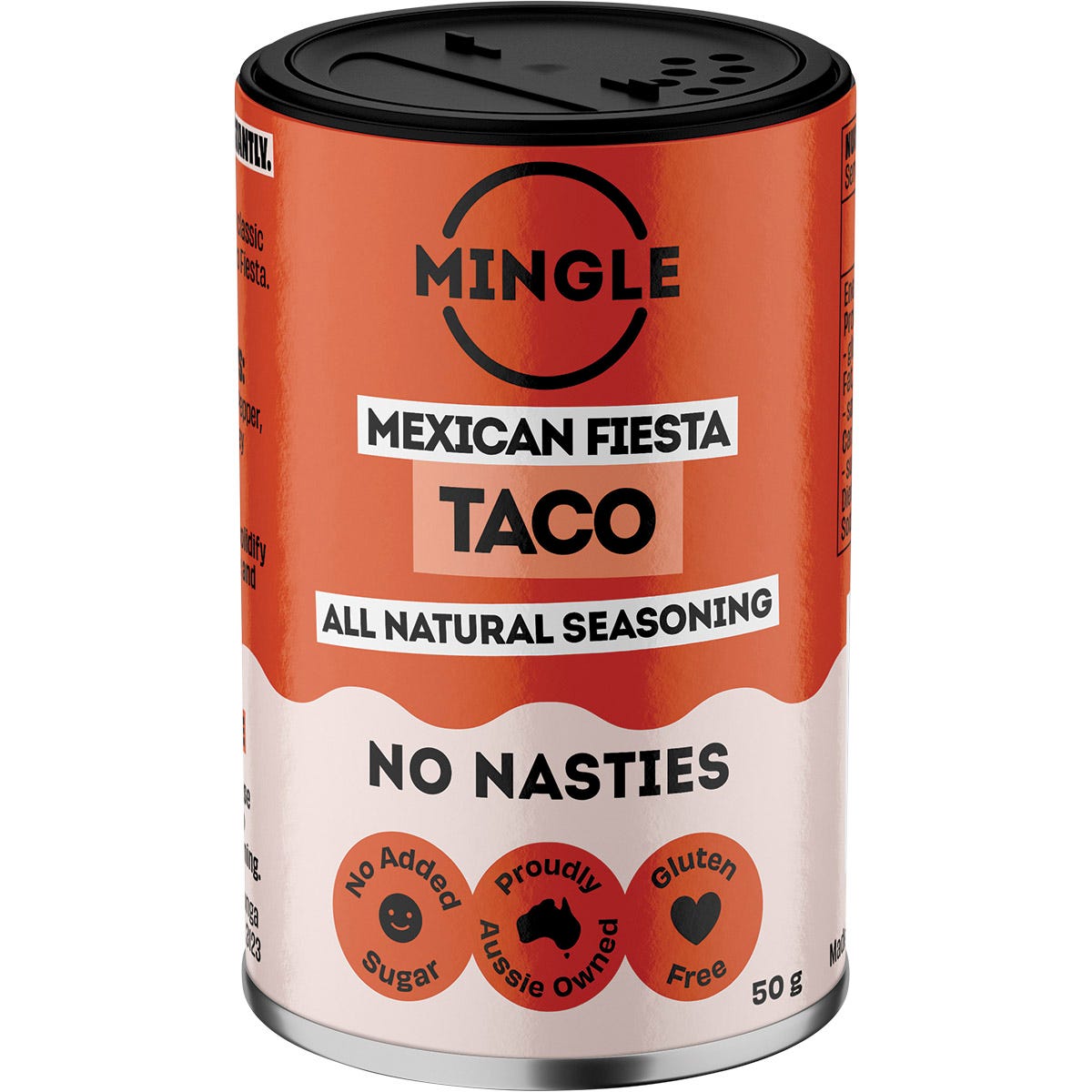 Mingle Mexican Fiesta Taco seasoning 50g sachet with paprika, garlic, and cumin on a white background.