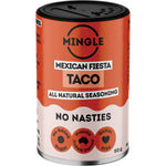 Mingle Mexican Fiesta Taco seasoning 50g sachet with paprika, garlic, and cumin on a white background.