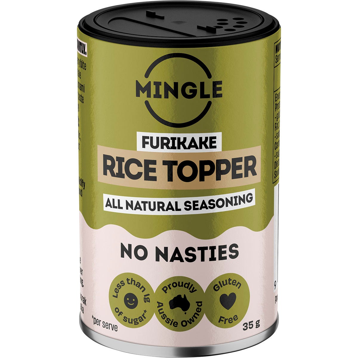 Five 35g packets of Mingle Furikake Rice Topper All Natural Seasoning featuring seaweed and sesame seed illustrations.