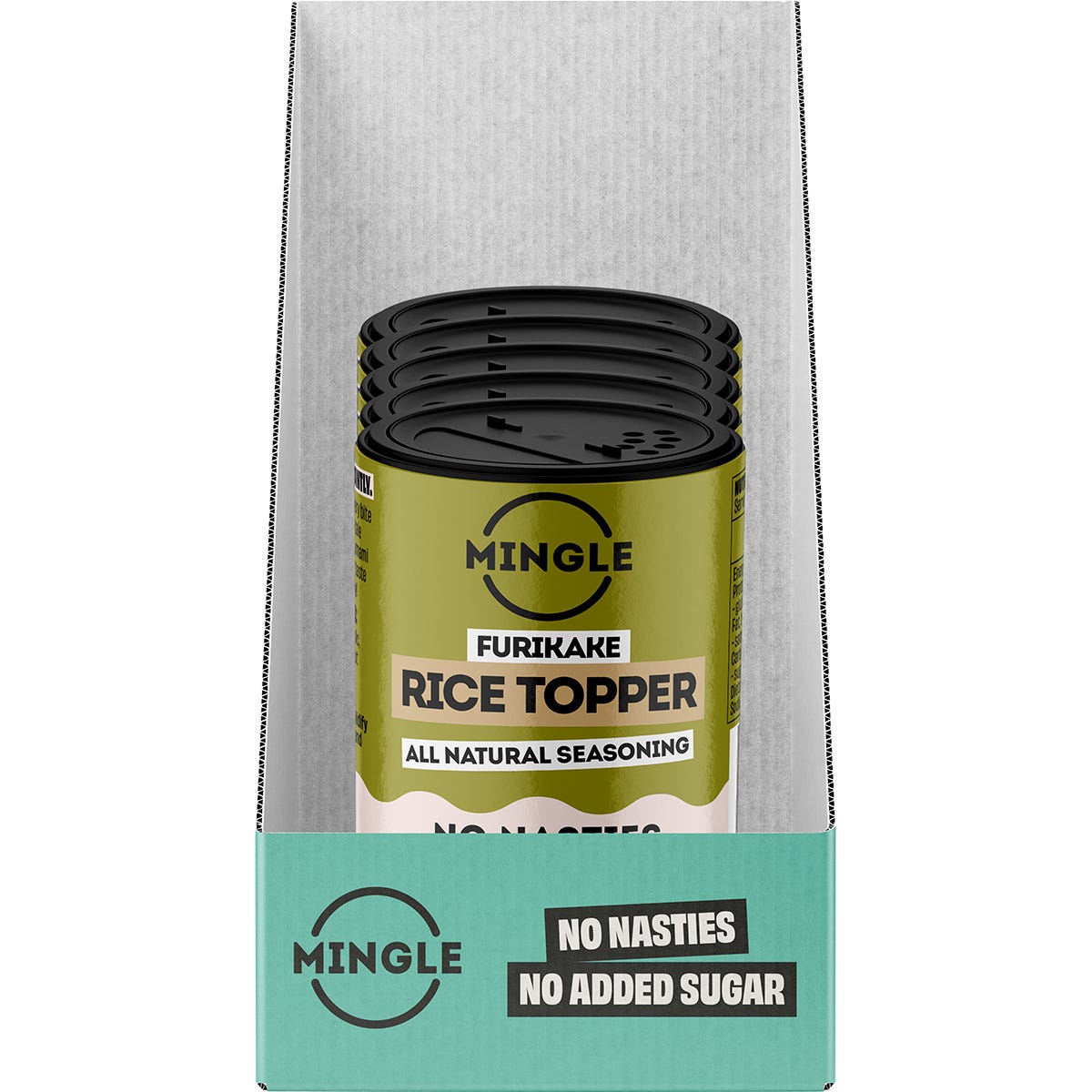Retail display box of Mingle Furikake Rice Topper All Natural Seasoning with five 35g packets on a white background.
