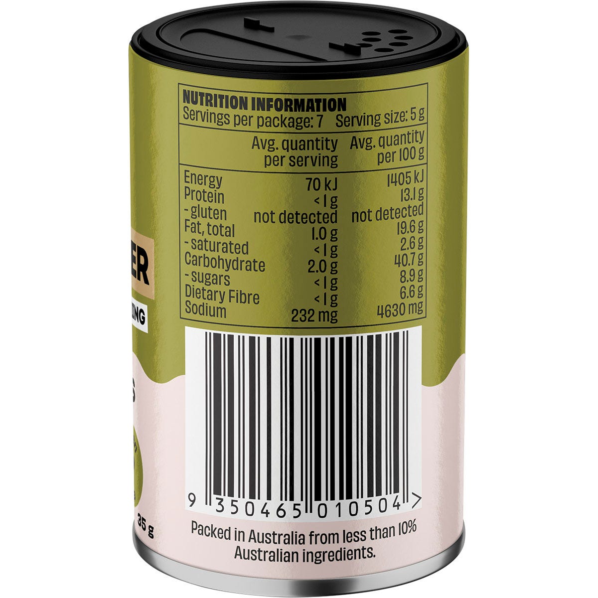 Right side of Mingle Furikake Rice Topper 35g packet showing nutrition facts and storage instructions.