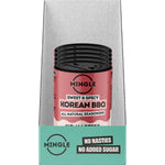 Retail display box of Mingle Korean BBQ Seasoning with five 40g snack packets on a white background.