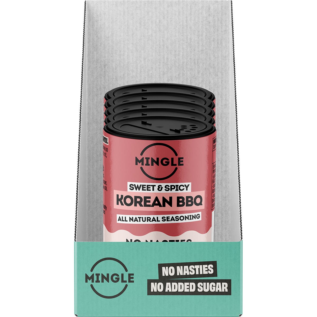 Retail display box of Mingle Korean BBQ Seasoning with five 40g snack packets on a white background.