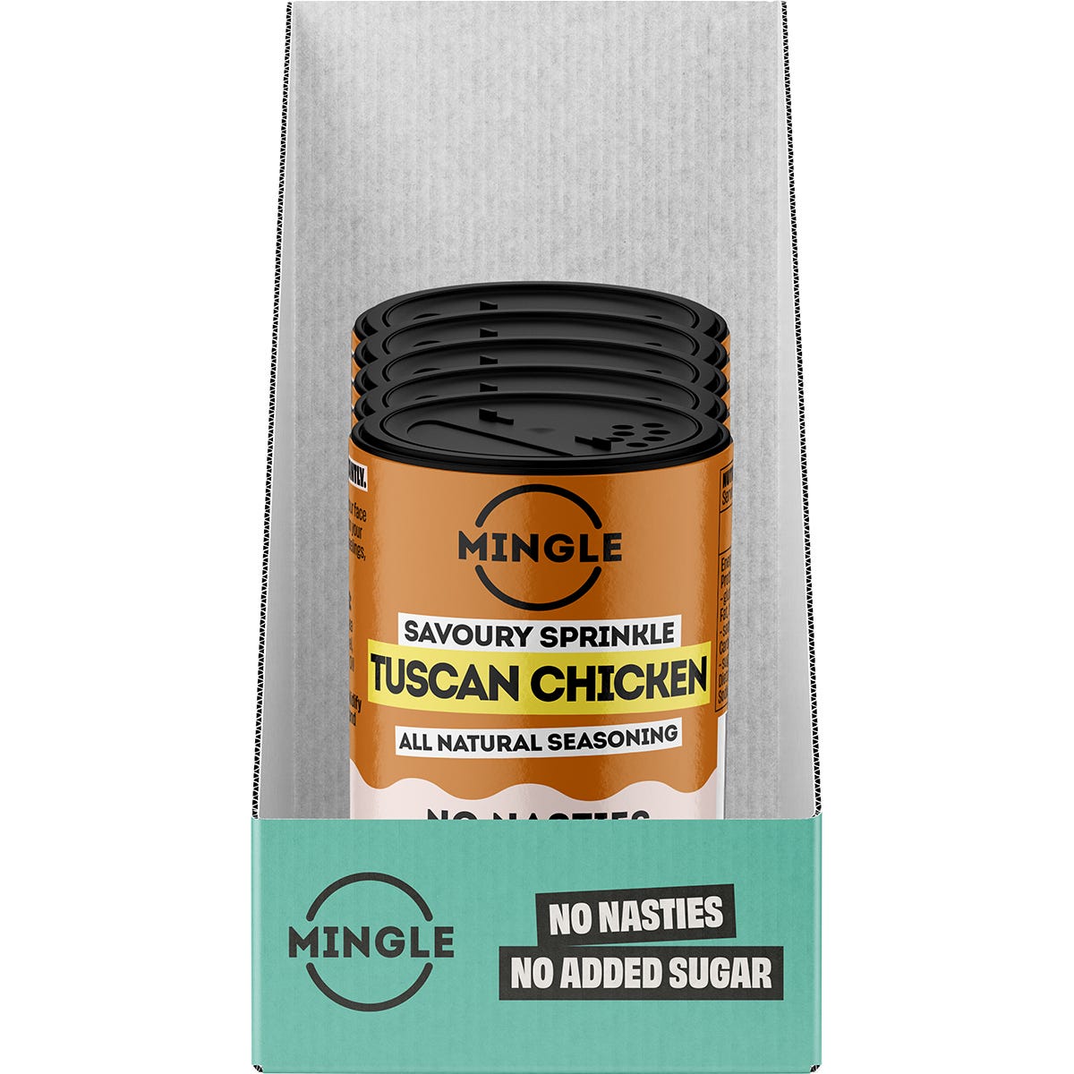 Retail display box of Mingle Tuscan Chicken seasoning with five individual 35g packs on a white background.