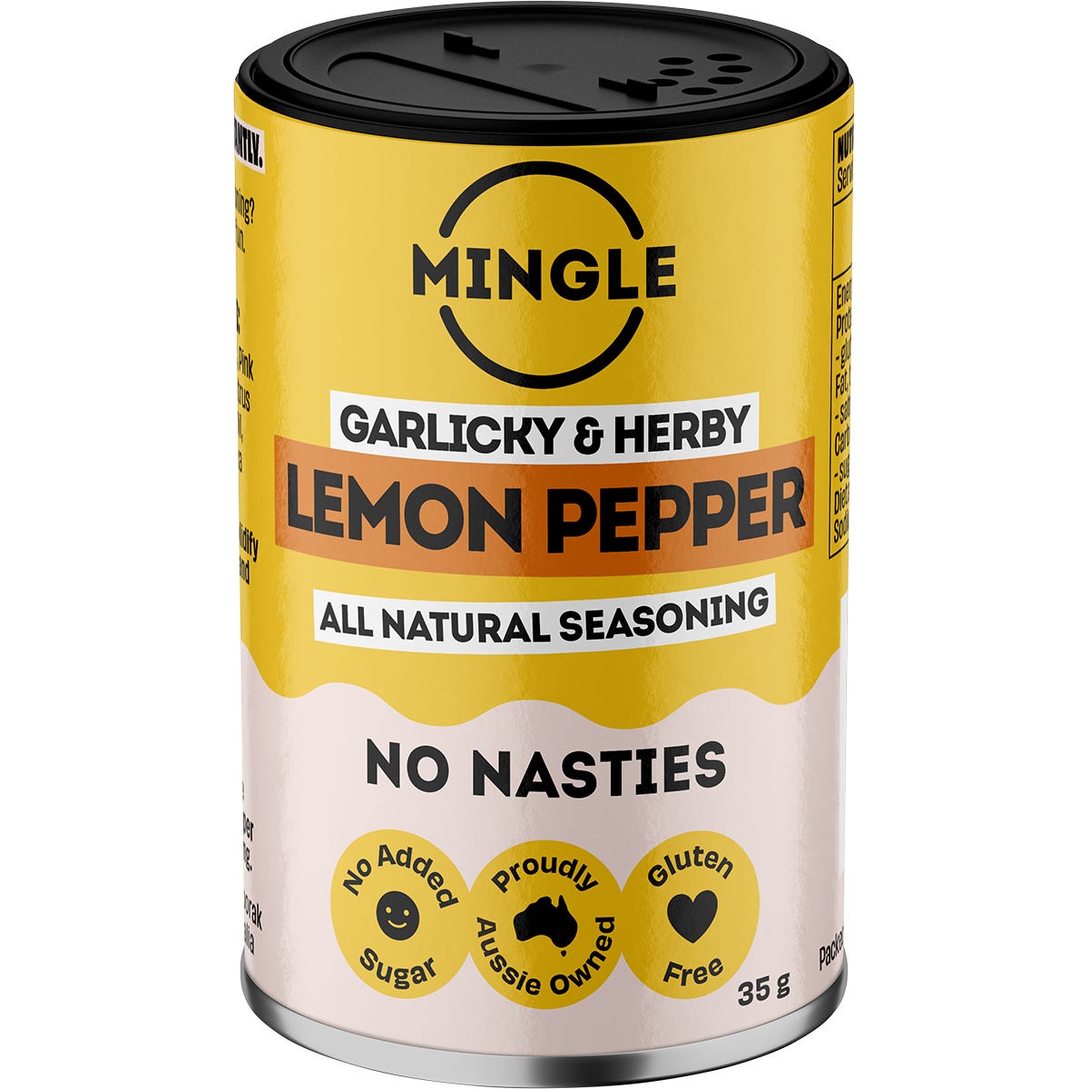 Five 35g packets of Mingle Lemon Pepper All Natural Seasoning featuring zesty citrus and robust pepper.