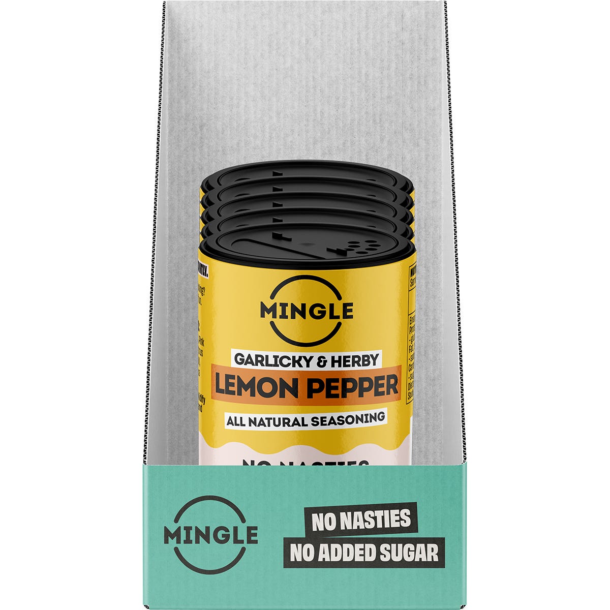 Retail display box filled with five 35g packets of Mingle Lemon Pepper All Natural Seasoning on a white background.