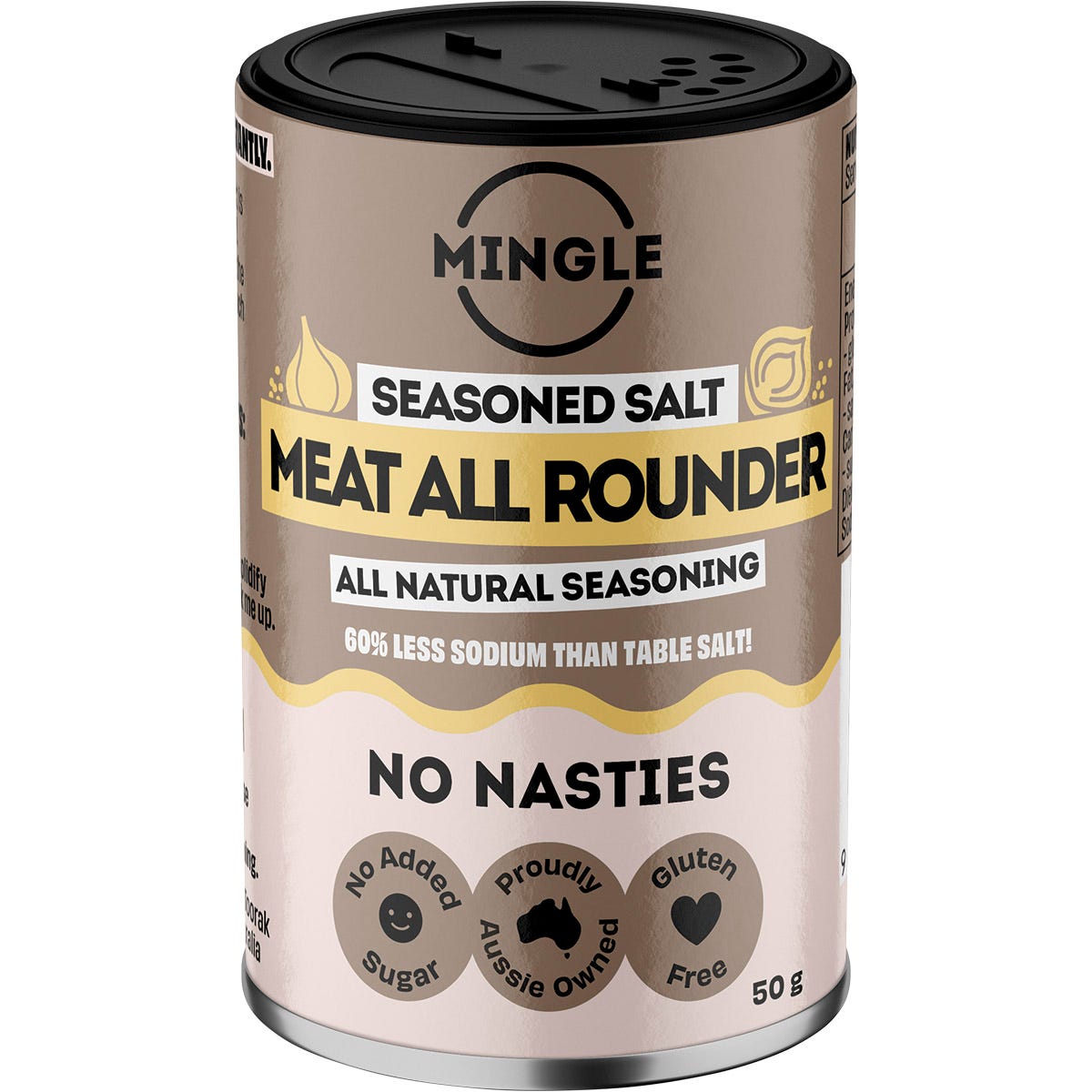 Five 50g sachets of Mingle Meat All Rounder all-natural seasoning with salt, pepper, onion, and garlic.