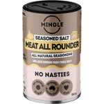 Five 50g sachets of Mingle Meat All Rounder all-natural seasoning with salt, pepper, onion, and garlic.