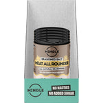 Retail display box of Mingle Meat All Rounder Seasoning with several 50g snack sachets on a white background.